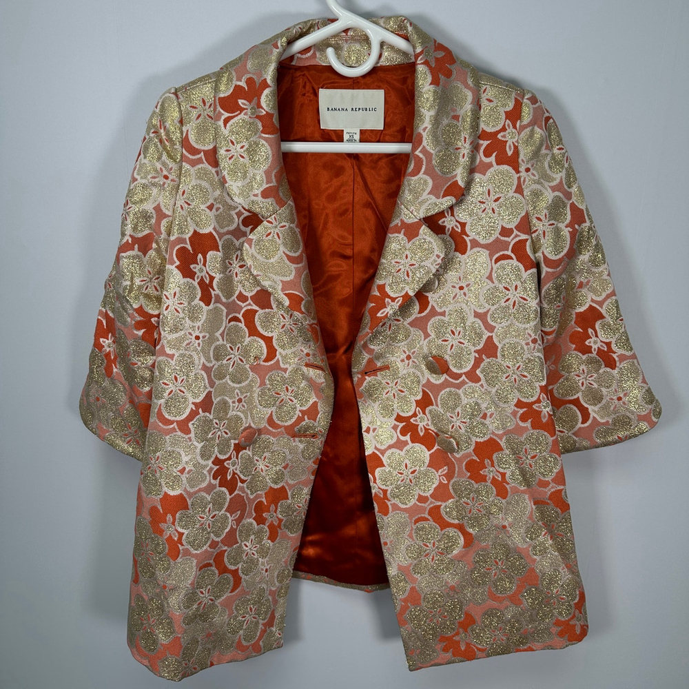 Maximalist Whimsy Floral Blazer‎ Banana Republic retro Gold Flowers cardi XSP